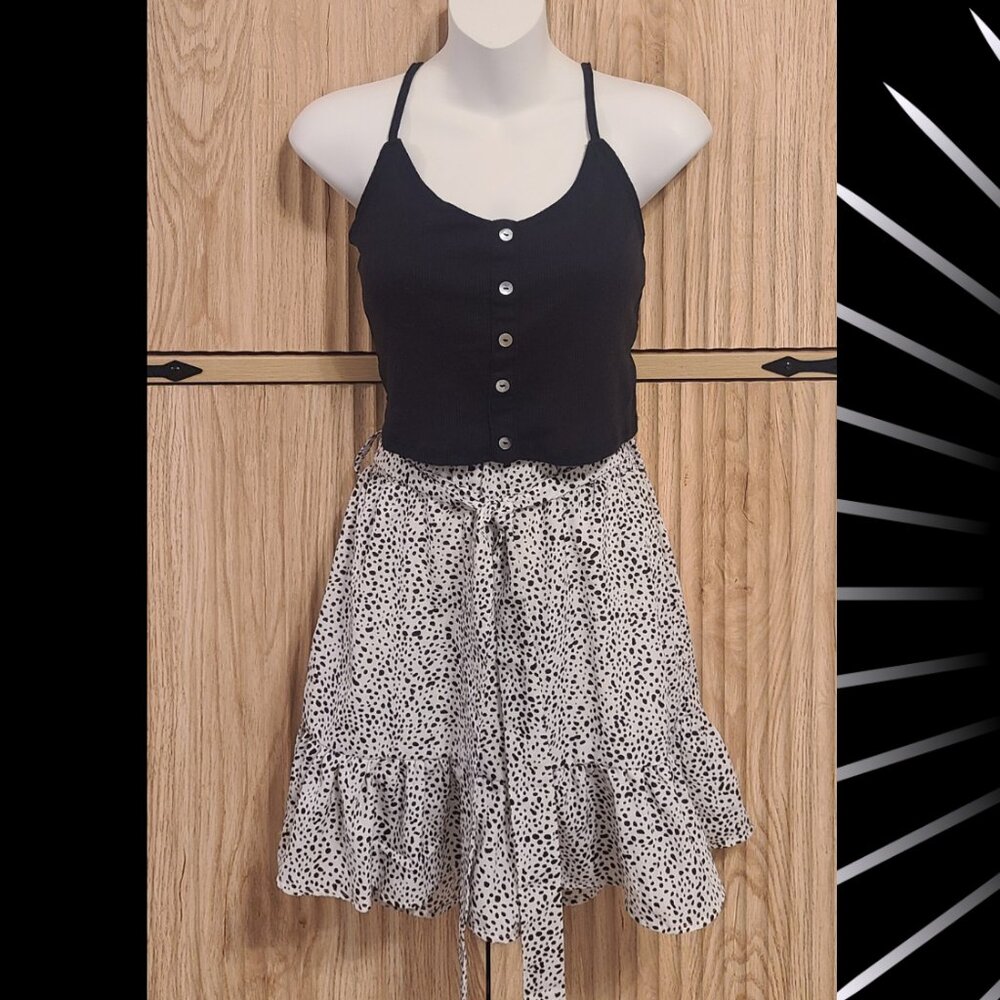 White and Black Polka Dot Ruffle Skirt – Size Small – Adjustable Tie Waist